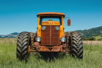 Obraz premium Old yellow tractor in a field with a rusted front grill and tires, set against a clear blue sky