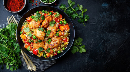 Delicious chicken dish with vibrant vegetables and rice, garnished with fresh herbs, creating colorful and appetizing meal