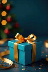 Elegant blue gift box, golden ribbon, confetti Dark background, bokeh Festive holiday backdrop , confetti, xmas