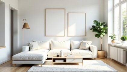 Bright white living room, minimalist decor, empty frames, drawer , stylish, blank, drawers