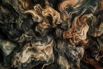 Abstract texture of swirling, organic forms in muted earth tones  Detailed, intricate patterns resembling flowing wood or stone