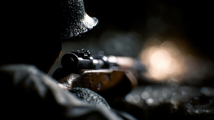 Finish up of a universe war ii soldier aiming a rifle, capturing historical military action.