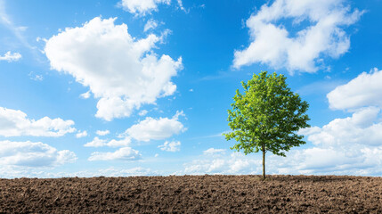 Obraz premium Solitary tree stands against bright blue sky filled with fluffy clouds, symbolizing nature beauty and resilience
