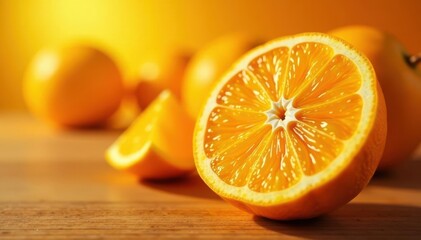 Fototapeta premium Sunlit orange slice, juicy segments, whole oranges background, organic, summer