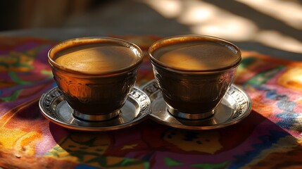Fototapeta premium Two Cups of Espresso Coffee on Colorful Tablecloth