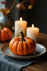 Smoky candles, pumpkins on gray napkin, autumnal coffee table setting , design, october