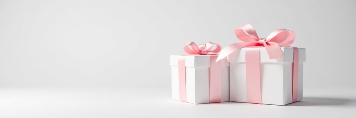 Obraz premium Pure white gift boxes with delicate pink ribbons, pristine white backdrop , birthday, marketing
