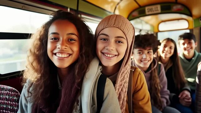 Students inside a school bus, young children from diverse backgrounds - Powered by Adobe