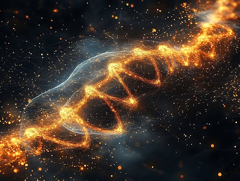 Abstract glowing DNA strand, swirling energy, futuristic concept. Perfect for science, technology, medicine, or genetic backgrounds. Highresolution digital art with vibrant orange and blue hues.