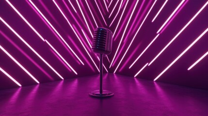 Cyber mic on deep violet background with layered geometric neon lines glowing softly