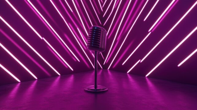 Cyber mic on deep violet background with layered geometric neon lines glowing softly
