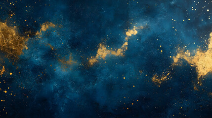 Abstract celestial artwork with golden speckles on a dark background.