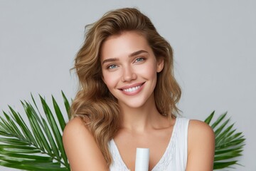 Fototapeta premium Smiling Woman with Product and Palm Leaf