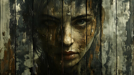 Close-up portrait of a woman concealed by weathered wood planks.