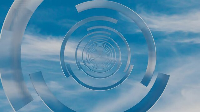 endless forward movement inside abstract tunnel of rotating pipe parts against blue sky with white clouds. 3d render looped animation