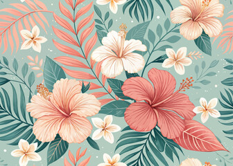 Seamless pattern of hibiscus and plumeria tropical flowers