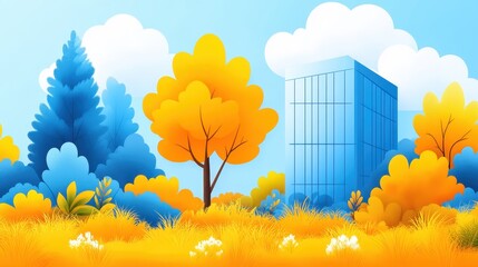 Colorful autumnal stylized landscape with geometric building aga