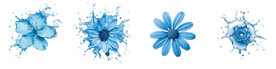 Vibrant blue flowers with water splashes
