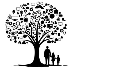  Family Under Digital Tree Black and White Image Representing Connection to Technology