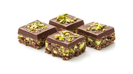 Obraz premium Four chocolate squares with pistachio topping, arranged on a white background.