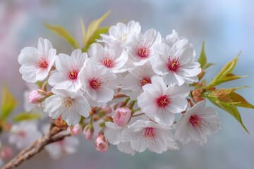 Cherry Blossom Branch with White Flowers and Buds