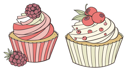 Naklejka premium Vector Delicious cupcakes with pink and beige frosting, topped with berries, evoke sense of sweetness and joy