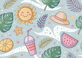 Seamless pattern of summer doodles sun leaf drink hat wave