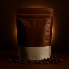 Coffee Packaging with Glowing Light and Beans – Dark Mood