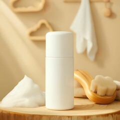 Minimal Skincare Bottle with Foam and Brush in Natural Light Bathroom Scene