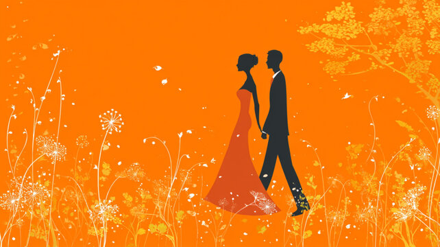 bride and groom on wedding day, A vibrant image of a happy couple holding hands, silhouetted against a backdrop of a lush garden filled with colorful flowers and trees. - Powered by Adobe