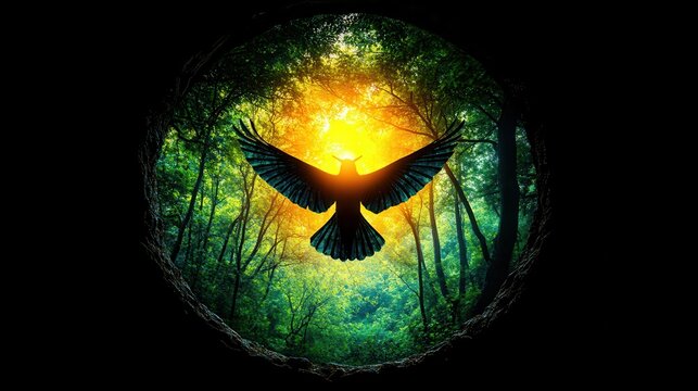 Abstract avian emblem silhouette soaring through illuminated mys