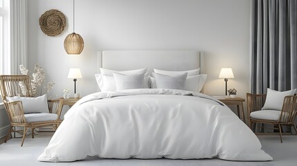 Modern bedroom interior design with a natural, calming aesthetic.