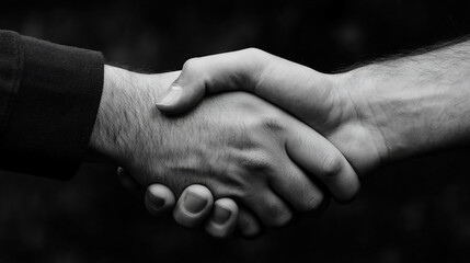 Two hands shake in monochrome close-up