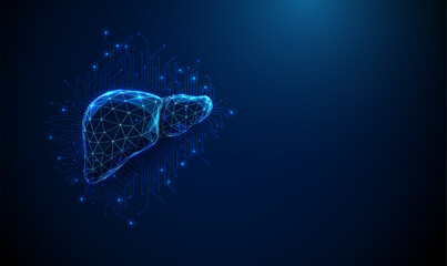 Futuristic human liver with electronic circuit lines background. Artificial intelligence, hepatology technology, medical diagnostics concept