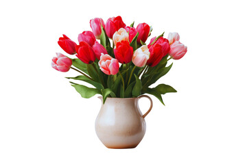 Fototapeta premium Beautiful bouquet of red and pink tulips in a rustic beige ceramic pitcher Perfect for spring and romantic themes
