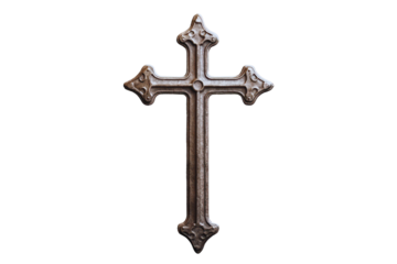 Ornate antique metal cross isolated transparent background perfect for religious or gothic designs
