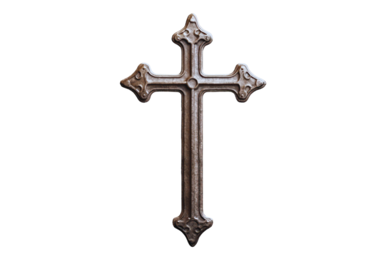 Ornate antique metal cross isolated transparent background perfect for religious or gothic designs