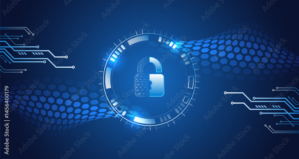Poster Abstract cybersecurity concept with glowing padlock icon, digital circuit lines and hexagonal wave background. Illustration of data protection, system breach, or network vulnerability.