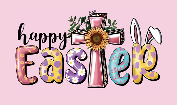 High resolution, hyper-realistic vector illustration in a clipart style featuring a cute, colorful cross with a sunflower and bunny ears inside the letters "Happy Easter" on a pink background. The wat