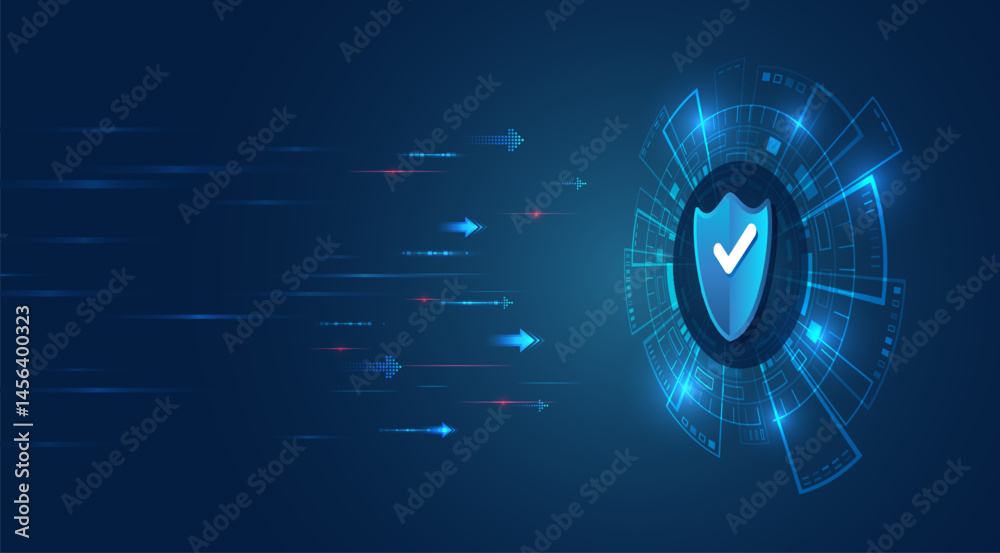 Poster Shield on a futuristic digital background. Concept of cybersecurity, antivirus protection and secure data transfer in a high-tech environment. Protection of information and Internet projects.