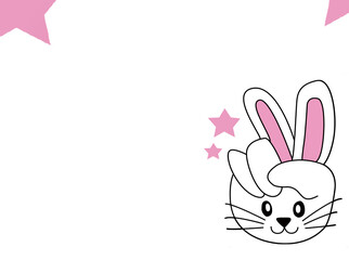 Minimalistic simple line art illustration of a cute cartoon bunny with pink ears and tail peeking from the bottom right corner of a white background. Pink stars adorn the top left side, creating a cha