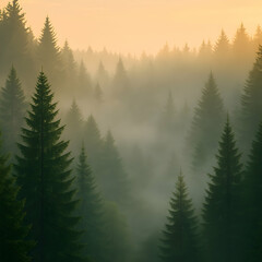 Morning mist over pine forest with golden sunlight