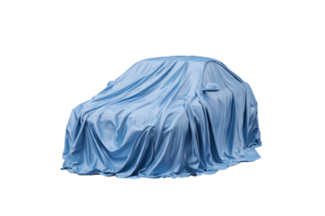 Unveiling a New Car Blue Silk Cloth Covering Modern Vehicle