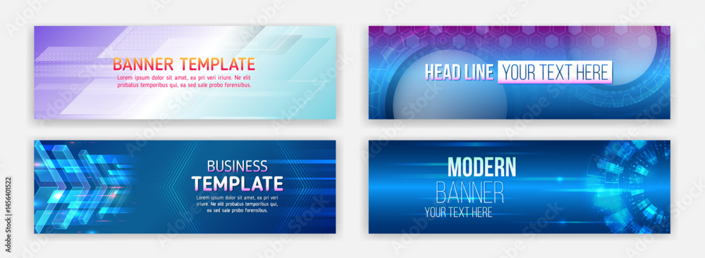 Poster A set of modern digital banner templates featuring abstract geometric shapes, futuristic elements, arrows and hexagon patterns. Suitable for presentations, technology, innovation and IT.