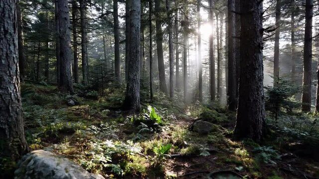 Dense forest landscape with morning sunlight streaming through trees, moss-covered ground, rocks and ferns creating a peaceful natural atmosphere &ndash; Generative AI