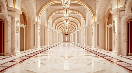 Obraz premium Majestic marble hallway with arched columns and elegant chandeliers, luxurious space