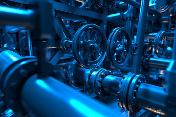 Industrial machinery close up view intricate gears pipes and metal components in blue light