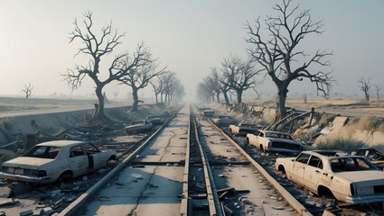 Fototapeta premium Ruined Road with Cars and Trees in Wasteland