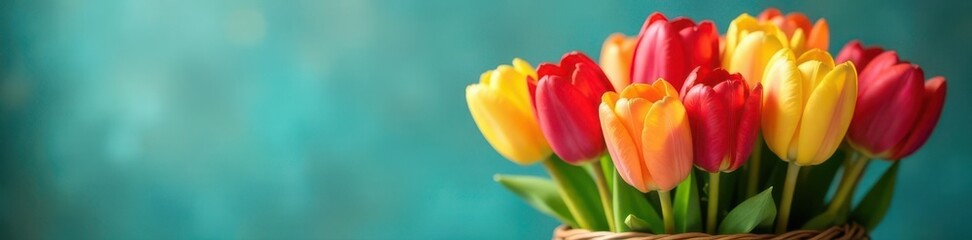 Obraz premium Vibrant tulips in a gift basket, spring blooms , spring, purple, blooms