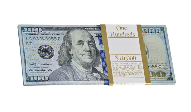Stack of U.S. one hundred dollar bills wrapped in a $10,000 currency band. Close-up of modern American currency with visible security features. Finance, banking, money, investment, economic visuals.